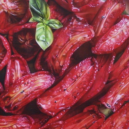 tomato, paprika, vintage, Mediterranean, art, airbrush, canvas, handmade, photorealistic, painting, plate, green, vegetable, still life, tamas mike